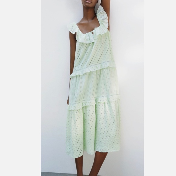 NEW Zara Mint Green Eyelet Embroidered Midi Dress Size Small - Picture 3 of 14
